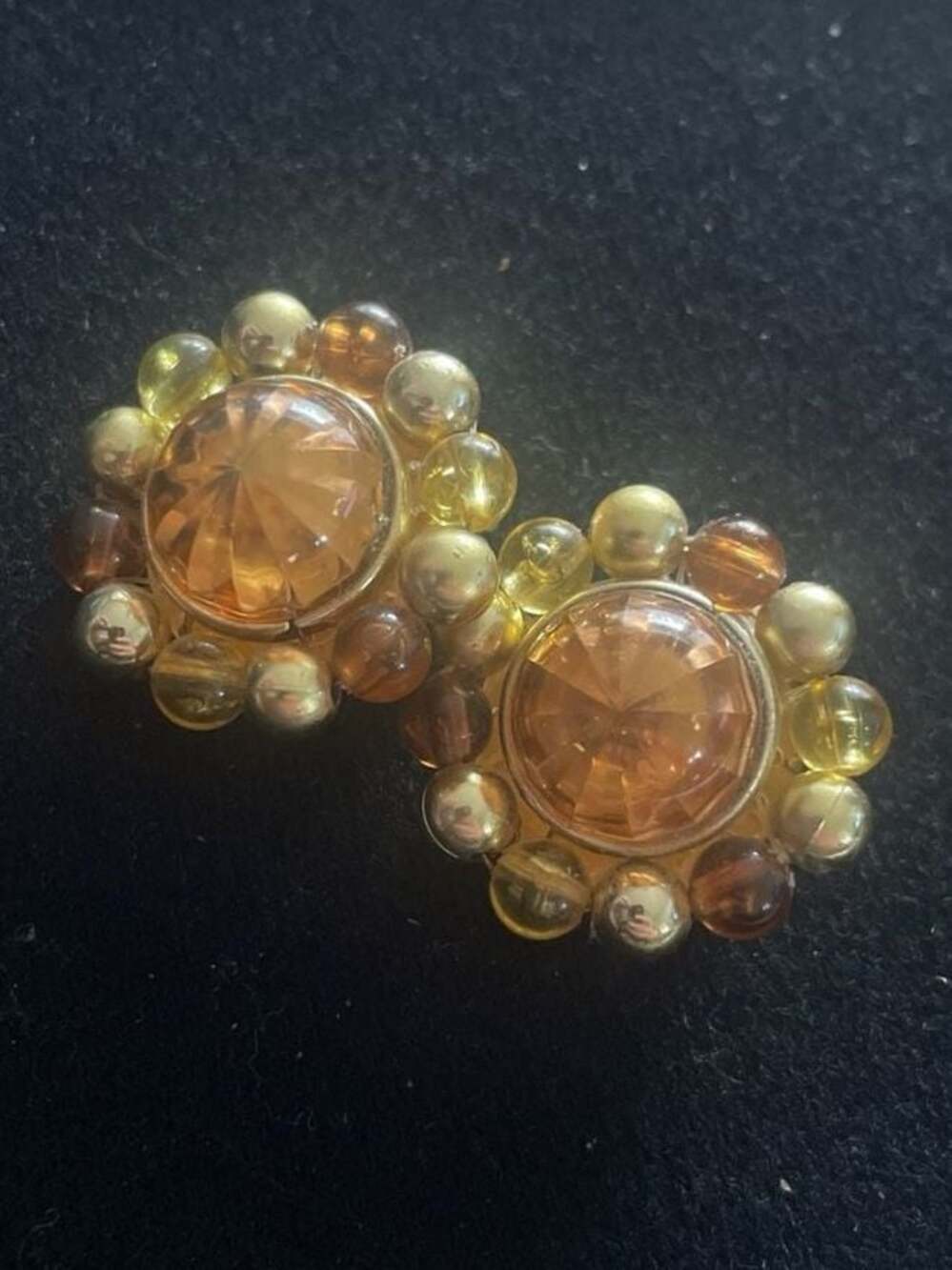 Vintage West Germany Yellow and Amber Glass Bead Flower Cluster Clip-On Earrings